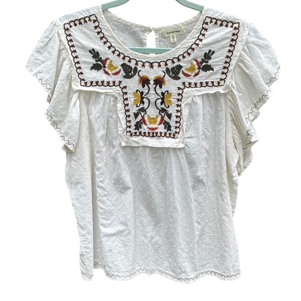 Max Studio White Embroidered Clip Dot Blouse Ruffle Sleeve Boho Top XL 1705E36